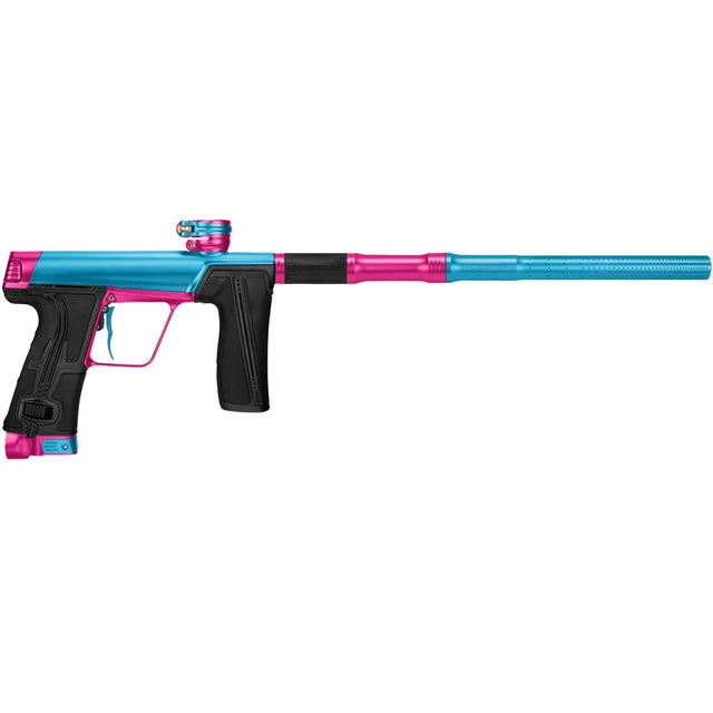 Left side view Planet Eclipse CS3 Pro Paintball Marker Bubble Gum Turquoise Pink on a white background.
