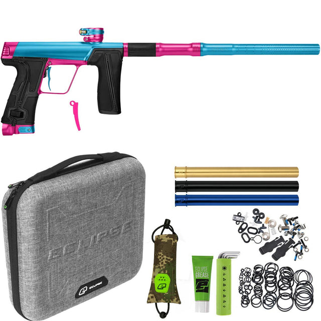 Blue and pink Planet Eclipse CS3 Pro Paintball Marker Bubble Gum Turquoise Pink with case, parts, inserts, grease, orings and barrel sock on a white background.
