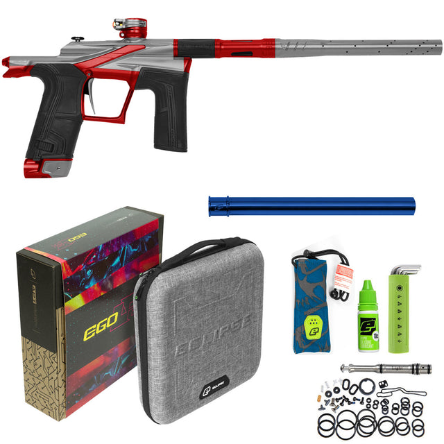 Silver Red Planet Eclipse Ego LV2 Paintball Marker Revolution with box and case, oil, tools, ram, spare parts, insert and barrel sock on a white background.