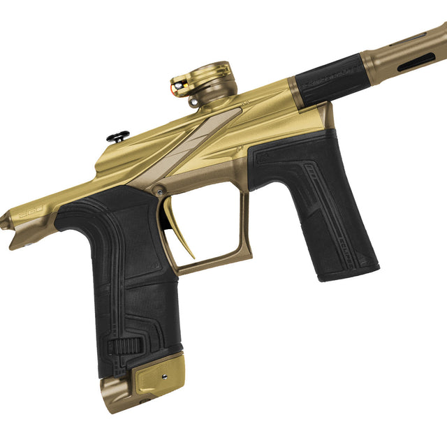 Close up right side of gold Planet Eclipse Ego LV2 Paintball Marker Crusade