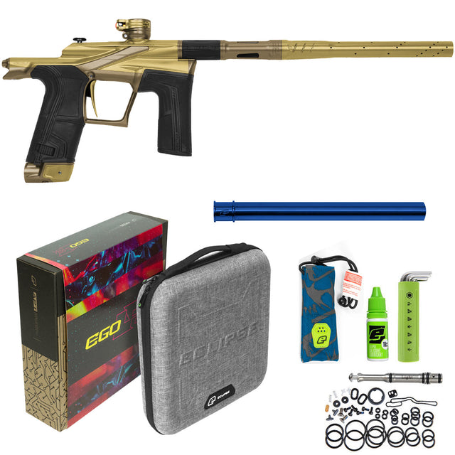 Gold Planet Eclipse Ego LV2 Paintball Marker Crusade with case, box, insert, tools, grease, barrel sock, ram and spare parts on a white background.