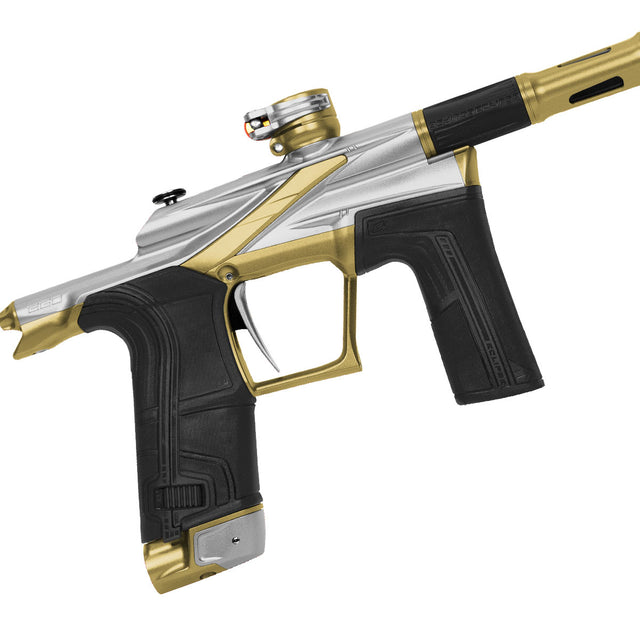 Silver gold Planet Eclipse Ego LV2 Paintball Marker Ritual right side close up on a white background.