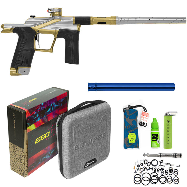 Silver gold Planet Eclipse Ego LV2 Paintball Marker Ritual with insert, barrel sock, case, box, oil, tools, ram and spares on a white background.