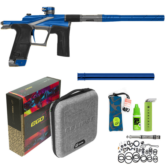 Blue silver Planet Eclipse Ego LV2 Paintball Marker Onslaught with case, box, ram, spare parts, insert, oil, tools and barrel sock.