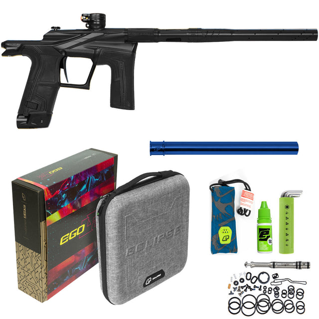 Black Planet Eclipse Ego LV2 Paintball Marker Midnight with case, box, ram, spare parts, tools, oil and barrel sock on a white background.