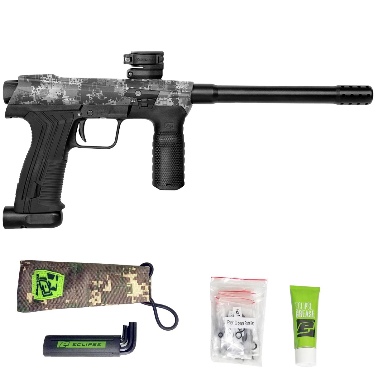 Right side Planet Eclipse EMEK 100 PAL Paintball Marker HDE Urban with grease, spare parts, hex keys and barrel sock on a white background.