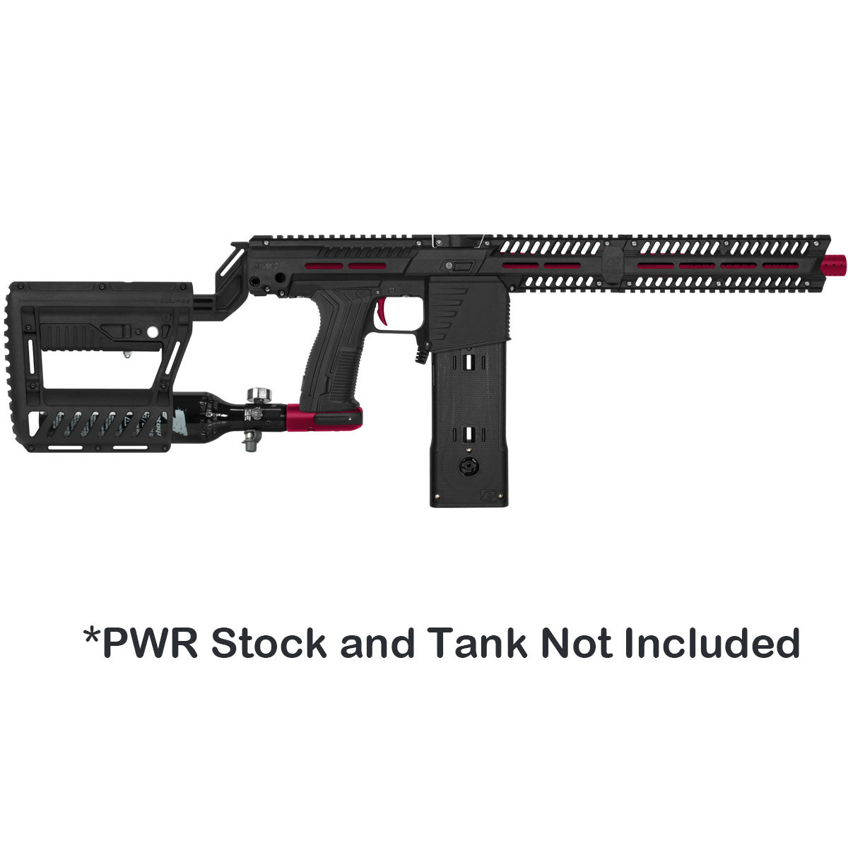 Black with red accents mag or hopper fed paintball marker shown with optional PWR stock and tank.