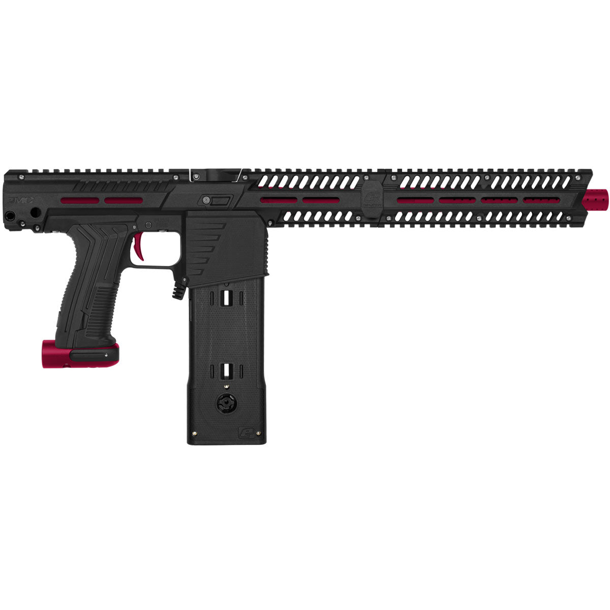 Black with red accents mag or hopper fed paintball marker.
