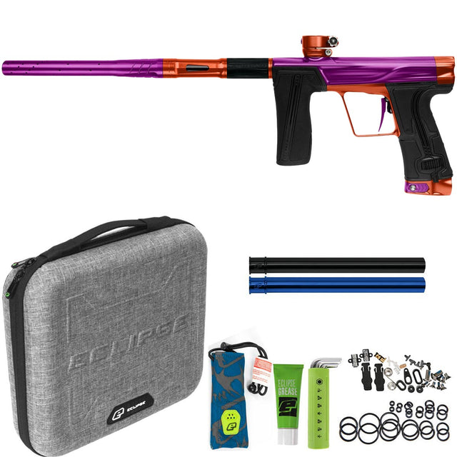 Planet Eclipse Geo R5 Rebellion Purple Orange paintball marker with case, spare parts, inserts, grease, barrel sock and tools on a white background.