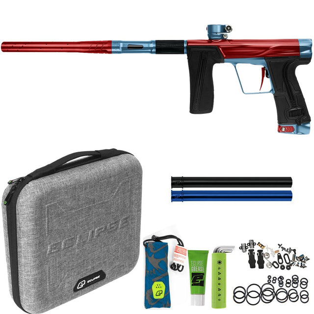 Planet Eclipse Geo R5 Redemption Red Electric Blue with case, inserts, barrel sock, greast, tools and spare parts on a white background.