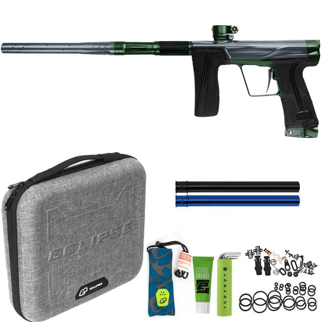 Planet Eclipse Geo R5 Resilience Graphite British Racing Green with case, inserts, grease, spare parts, barrel sock and tools on a white backgound.