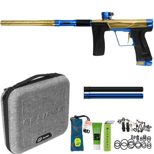 Planet Eclipse Geo R5 Resurgence Gold Blue paintball marker with case, grease, tools, spare parts, inserts and tools.