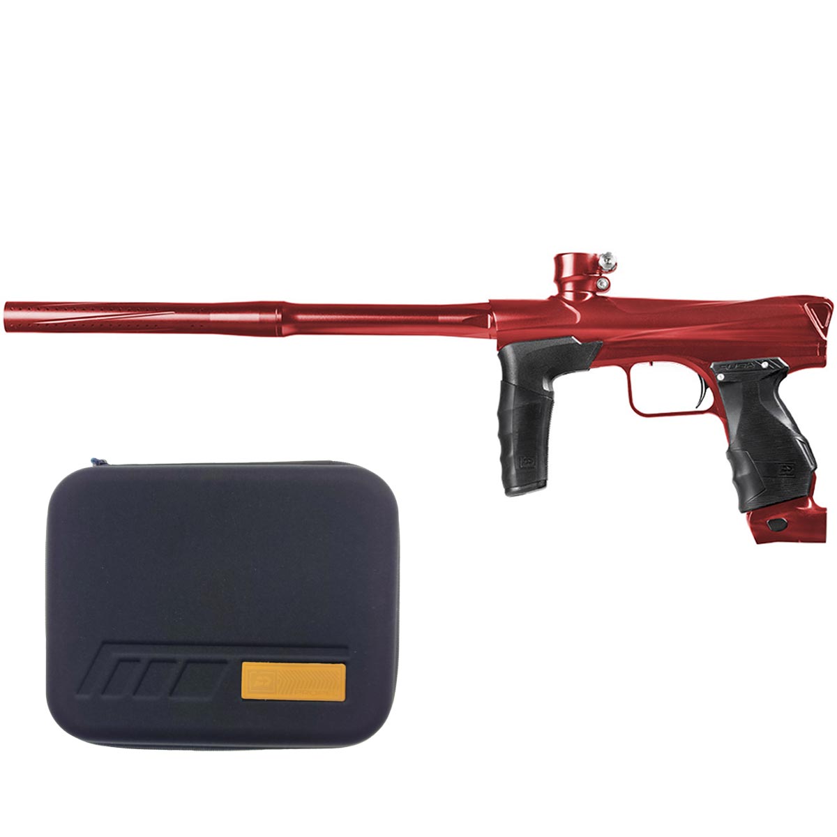 Red and black paintball marker with a black carrying case on a white background