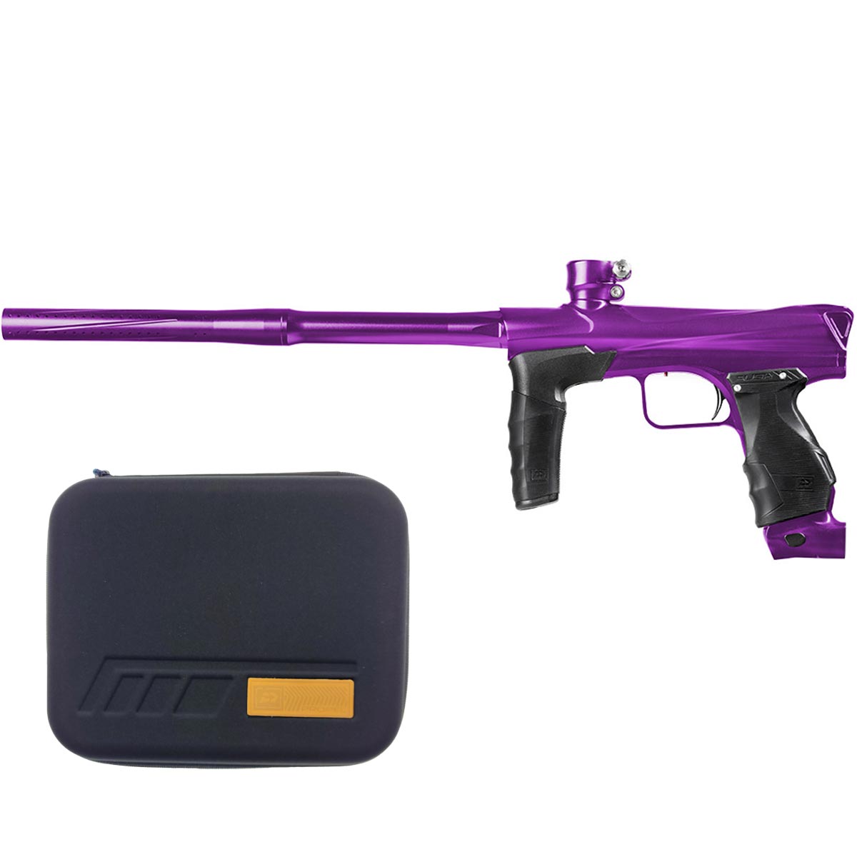 Purple paintball marker with black carrying case on a white background