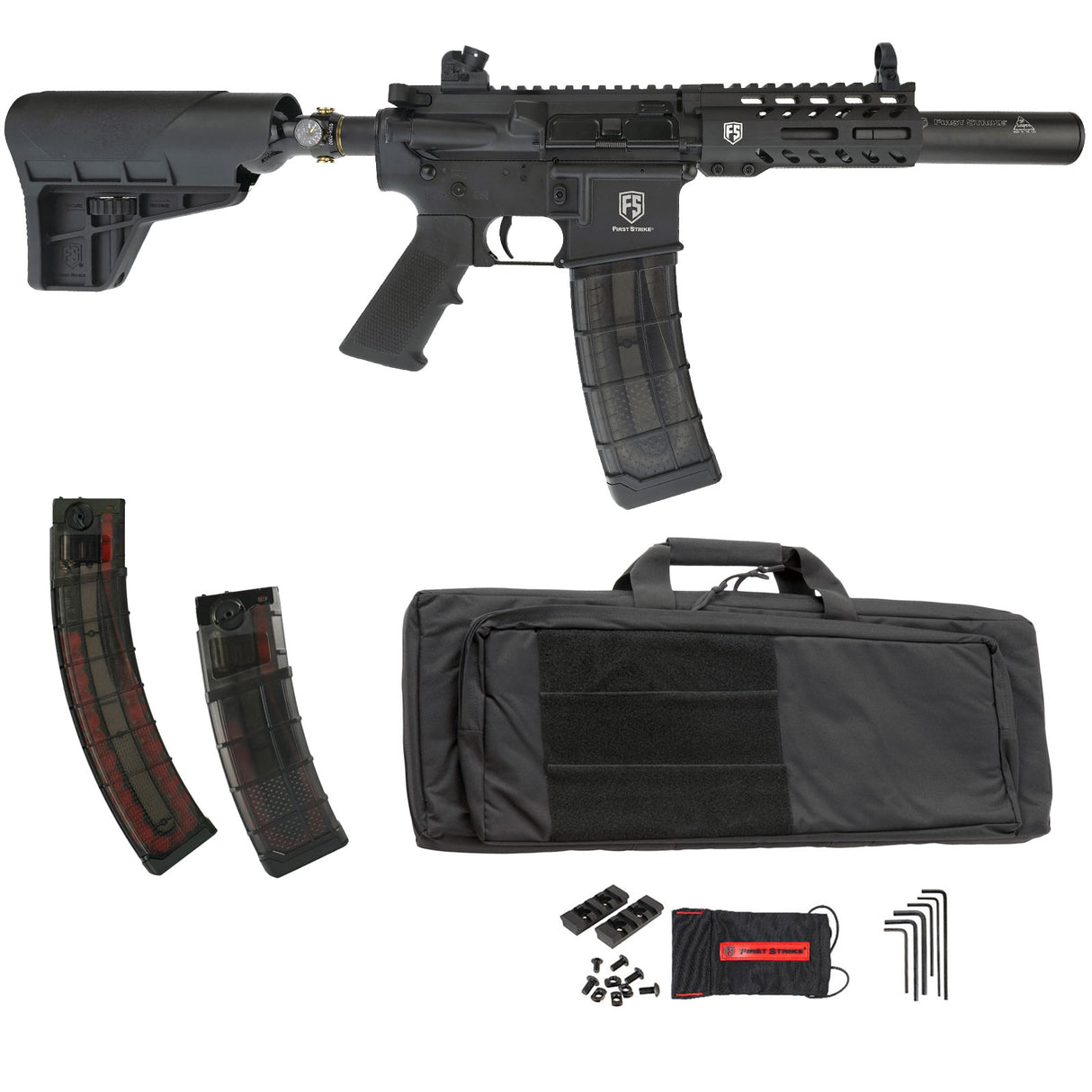 Black paintball marker with magazines, carrying case, and accessories on a white background