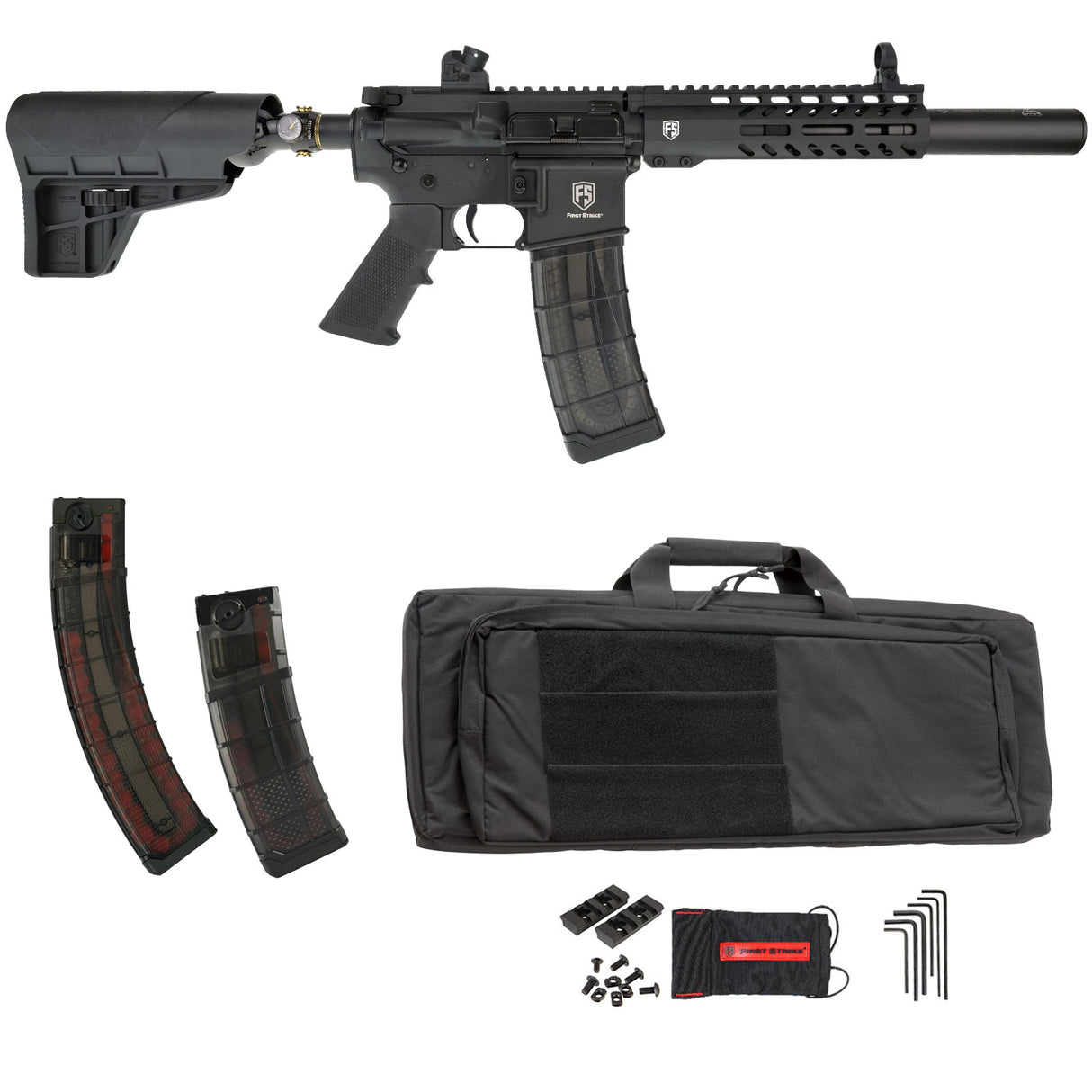 Black paintball marker with accessories including magazines and a carrying case on a white background