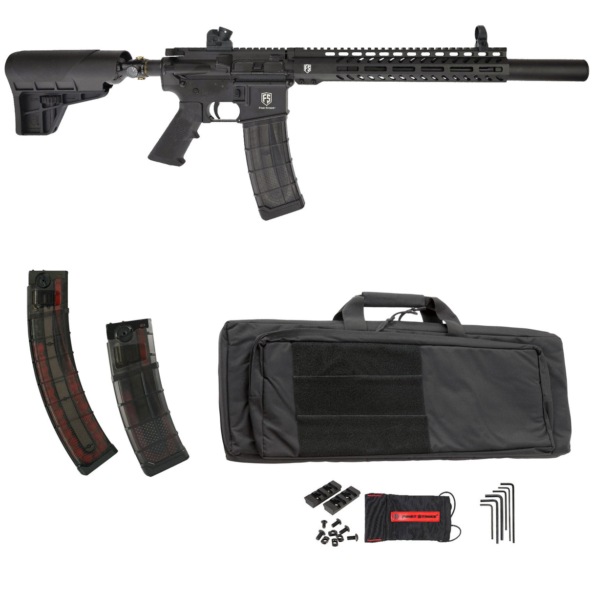 Black paintball marker with accessories including magazines and a carrying case on a white background