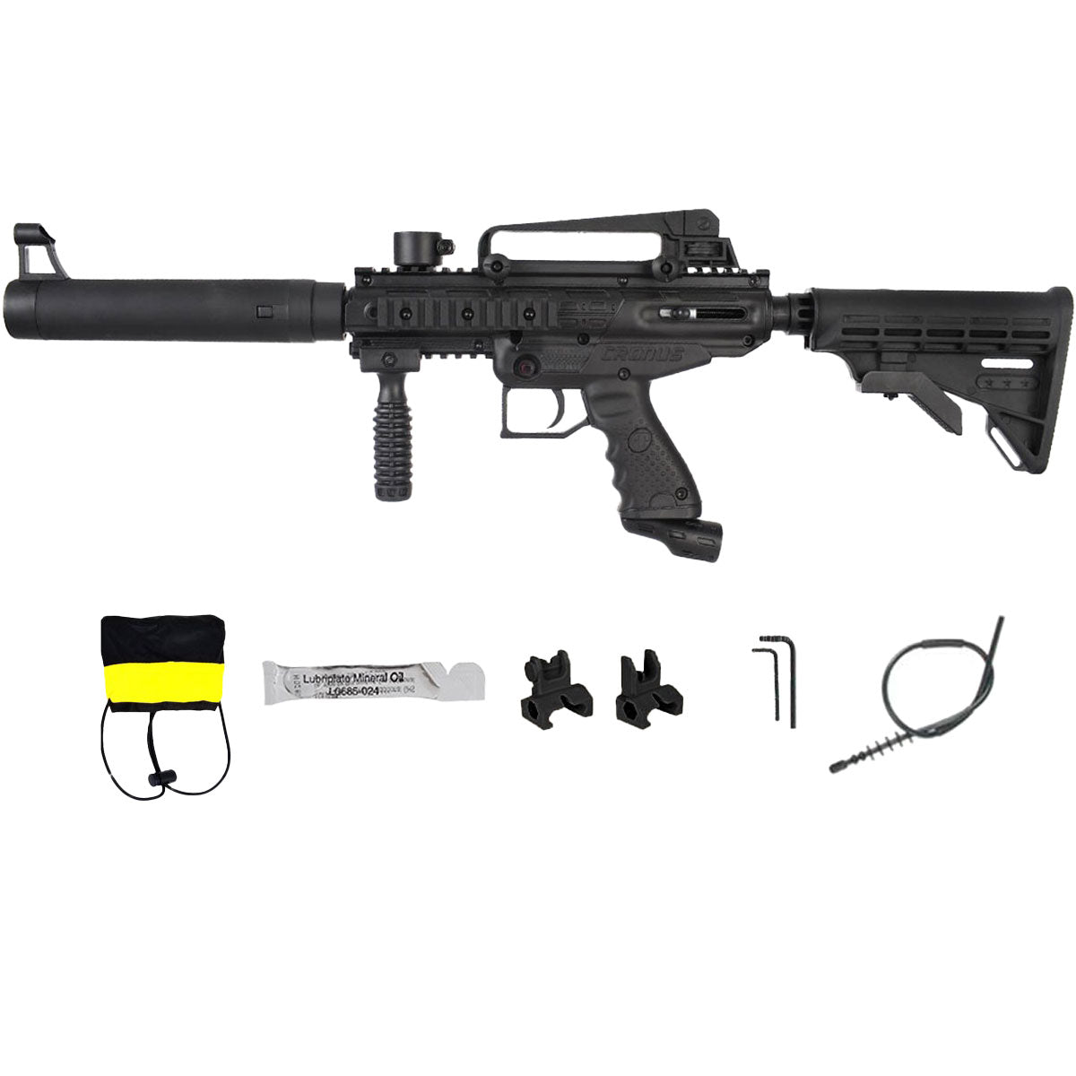 Black semi-auto paintball marker and accessories.