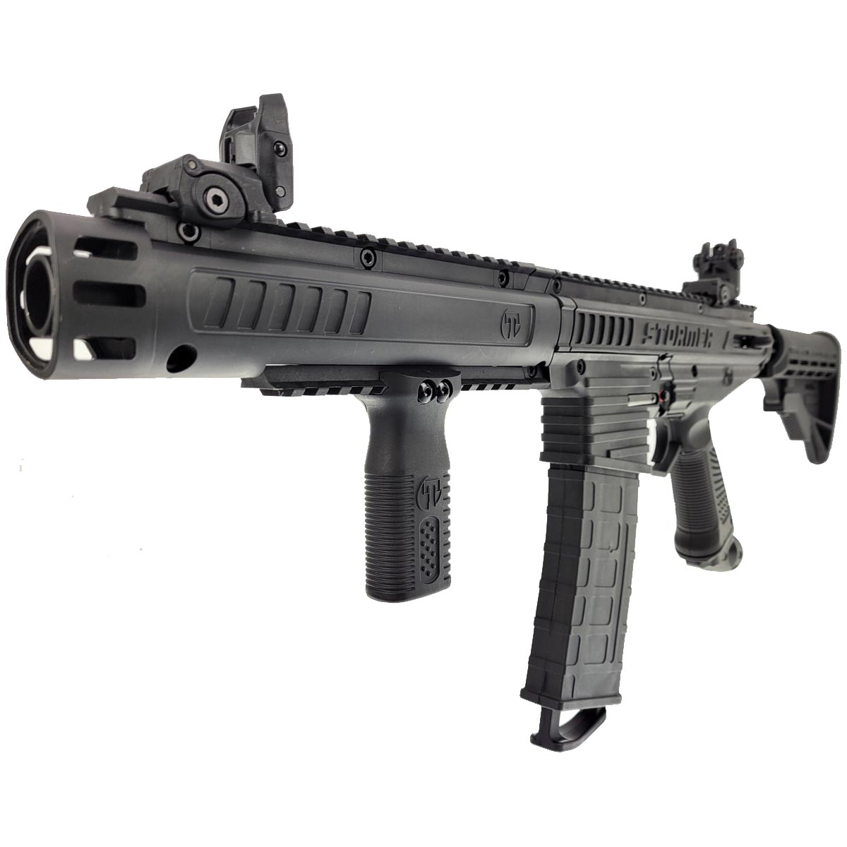 Right side angle Tippmann Stormer Elite Dual Feed Paintball Marker Black on a white background