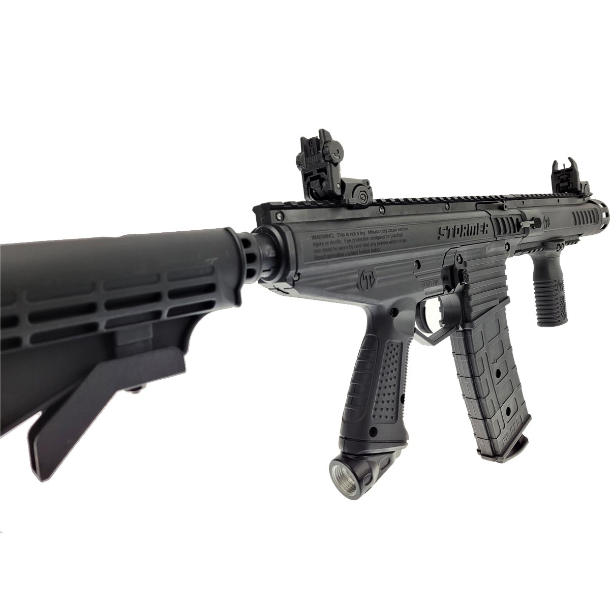 left side angle Tippmann Stormer Elite Dual Feed Paintball Marker Black on a white background