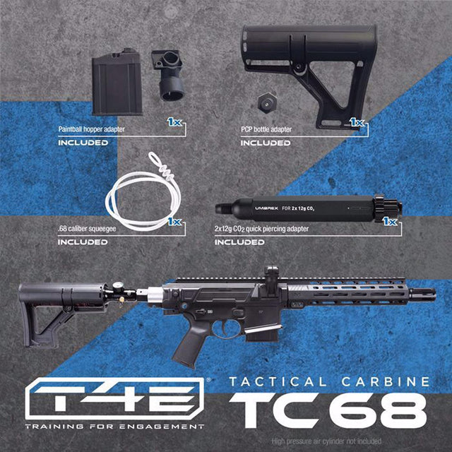 Tactical Carbine TC68 with included accessories on a gray and blue background
