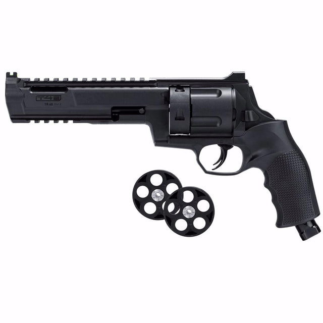 Umarex T4E TR68 Paintball Revolver Gen 2 .68 Caliber Black with 2 magazines out of launcher
