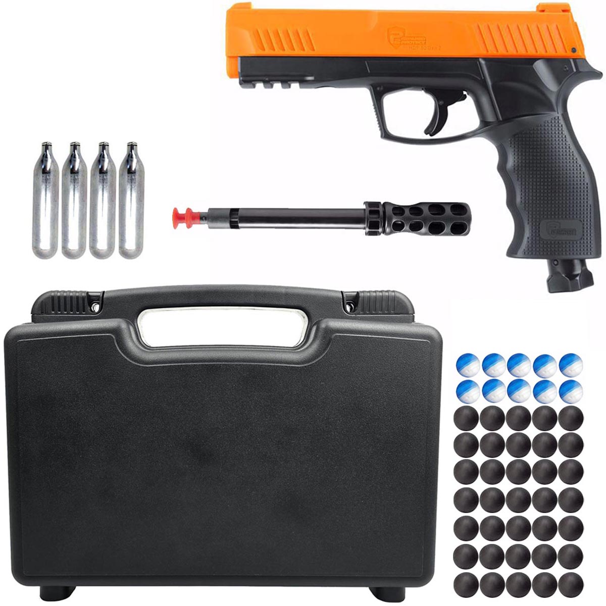 A Umarex T4E HDP50 Gen 2 P2P Pistol with orange accents, alongside 12 gram CO2 cartridges, 25 rubber rounds, 10 powder rounds, and a black lockable case.