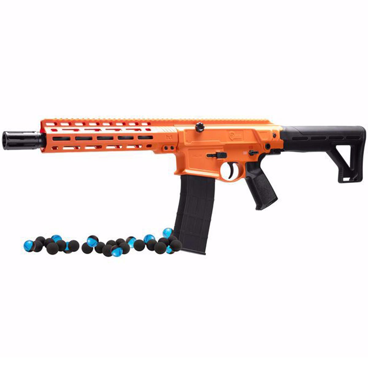 P2P Defensor 68C Full Auto Home Defense Impact Rifle 40 Joules with black and blue rounds on a white background