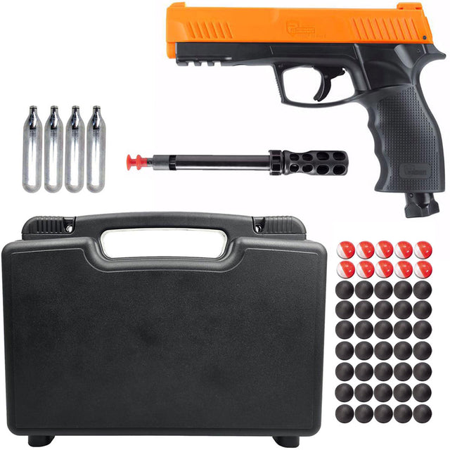 The image shows a .50 caliber Umarex HDP50 Gen 2 P2P Home Defense Pistol with orange accents, accompanied by 12-gram CO2 cartridges, a cleaning rod, a lockable case, and a assortment of round projectiles.