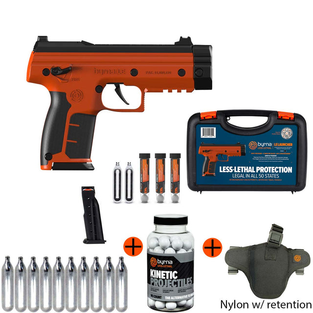 Byrna LE Gen 2 Orange Less Lethal launcher bundle with retention strap holster