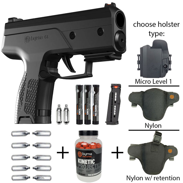 Black Byrna CL less than lethal launcher with holsters, projectiles and CO2