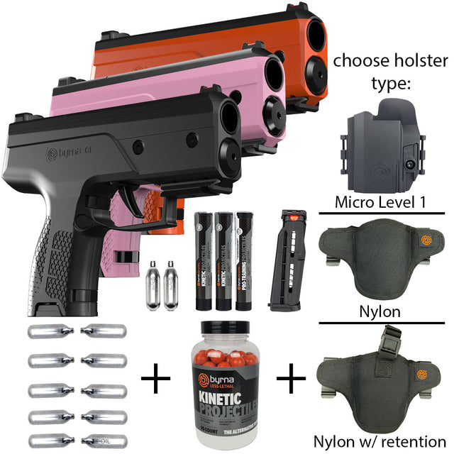 Array of Byrna CL less than lethal launchers with holsters, projectiles and CO2