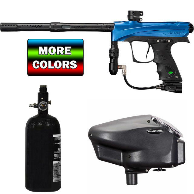 Dye Rize DZR + Paintball gun with tank and hopper on a white background, featuring 'More Colors' text.