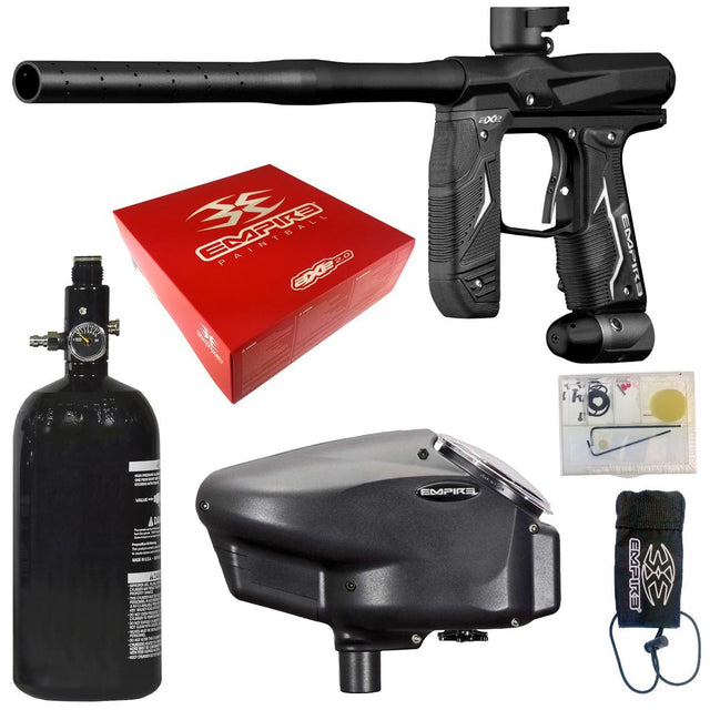 Collection of Empire paintball equipment including a Black Empire Axe 2.0 gun, tank, and accessories on a white background.