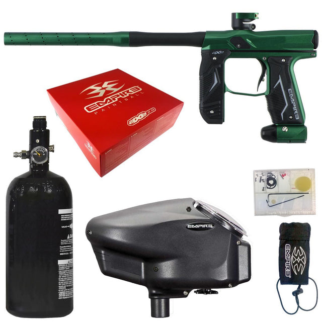 A Green and black Empire Axe 2.0 paintball gun with accessories on a white background, including a red box.