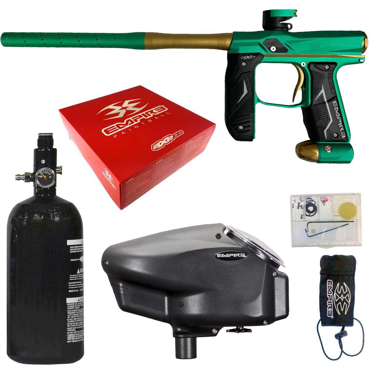 an Empire Axe 2.0 Teal Bronze Paintball gun, tank, and accessories with Empire branding on a white background
