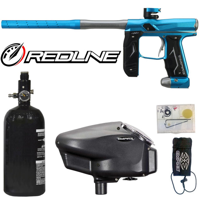 Empire Axe 2.0 with Redline OLED Board Dust Savoy Blue Dust Grey Paintball gun with accessories and Redline logo on a white background