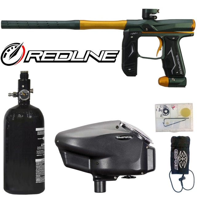 Empire Axe 2.0 with Redline OLED Board Dust Pine Green Dust Honey Gold Paintball gun with accessories and Redline logo on a white background
