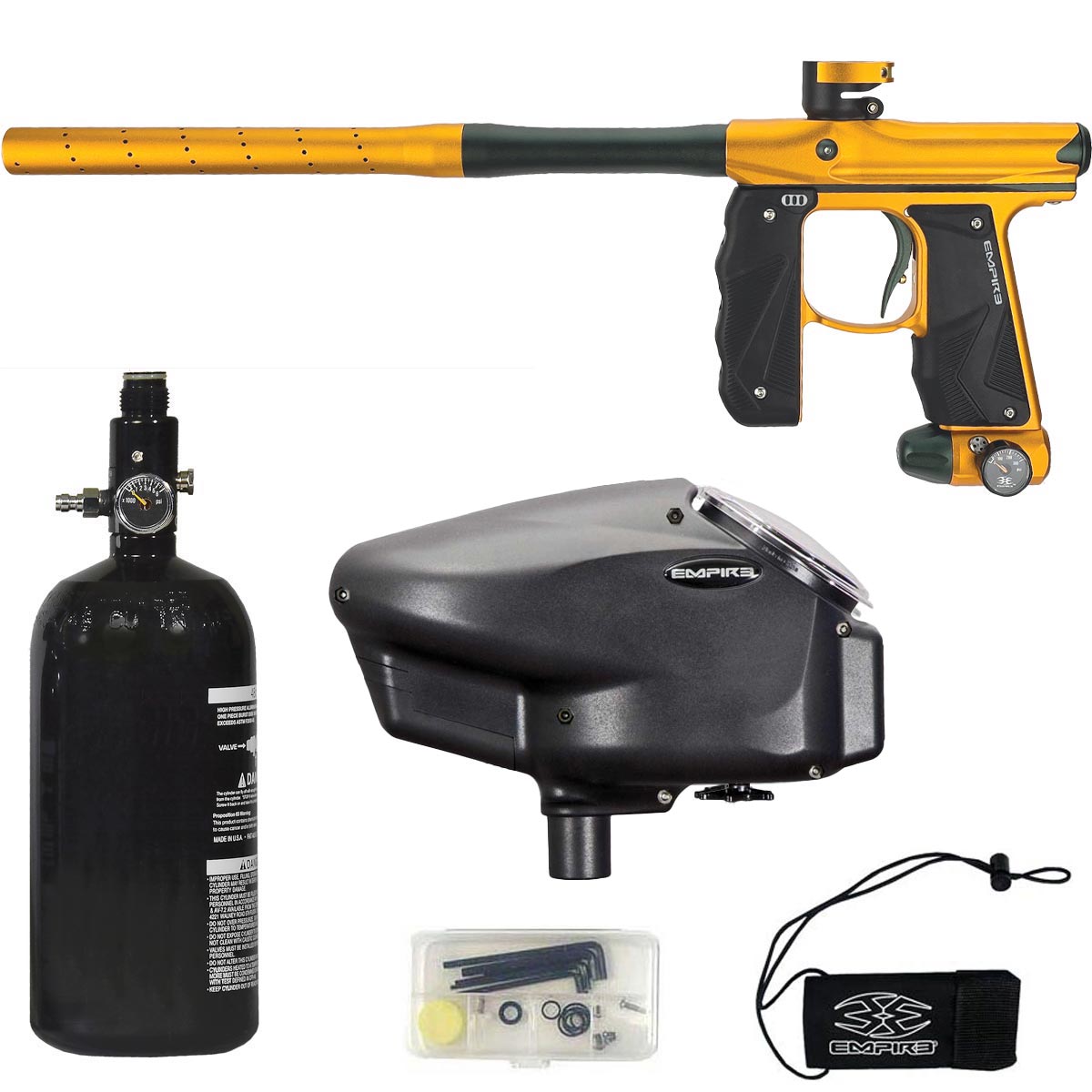 Paintball gun, tank, hopper, and accessories on a white background.
