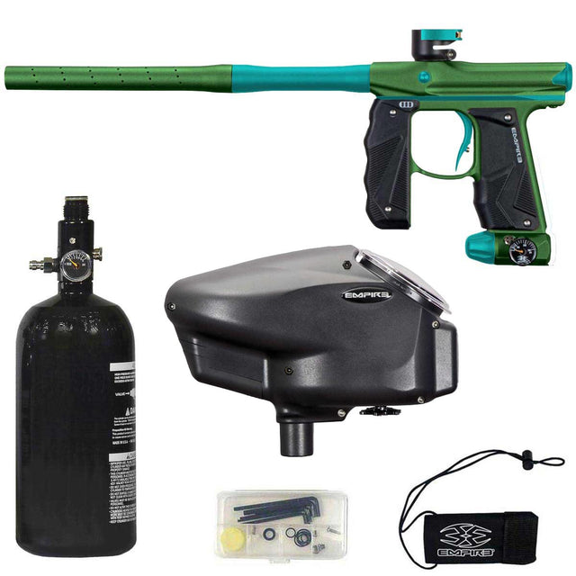 Empire Mini GS Green Aqua Dust paintball gun with black tank, black hopper, and accessories on a white background