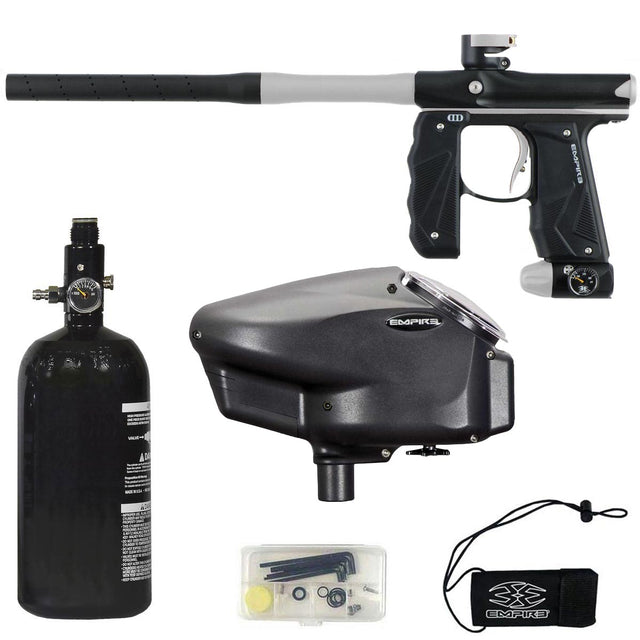Empire Mini GS Paintball gun, tank, hopper, and accessories on a white background