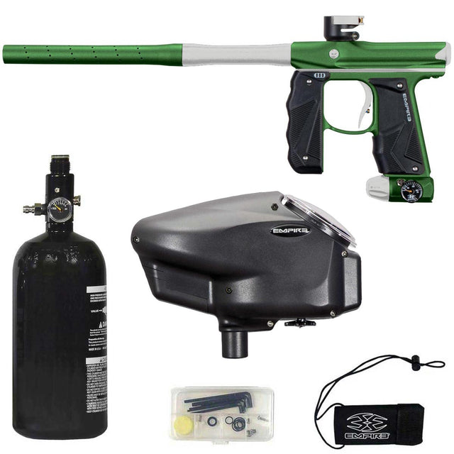 Empire Mini GS Green Silver Dust paintball gun with accessories on a white background