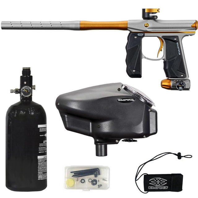 Empire Mini GS Silver Gold Dust Paintball gun, tank, mask, and accessories on a white background