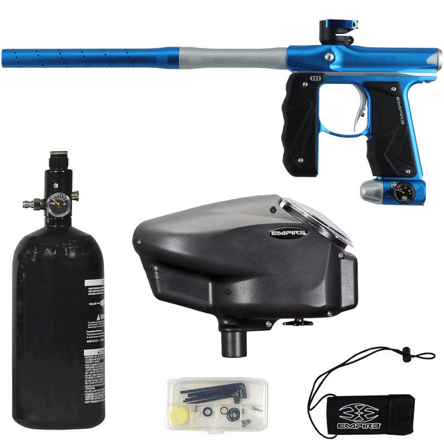 Empire Mini GS Blue Silver Dust Paintball gun, tank, and accessories on a white background