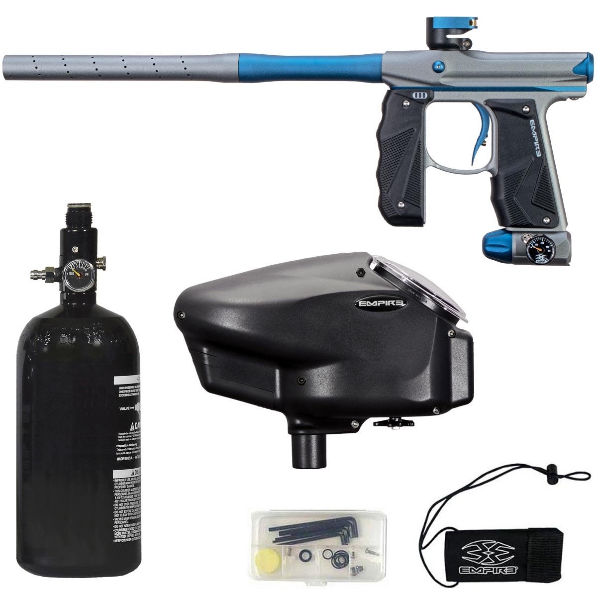 Empire Mini GS Paintball Marker Grey / Navy Blue Dust w 2 PC Barrel Rookie Package