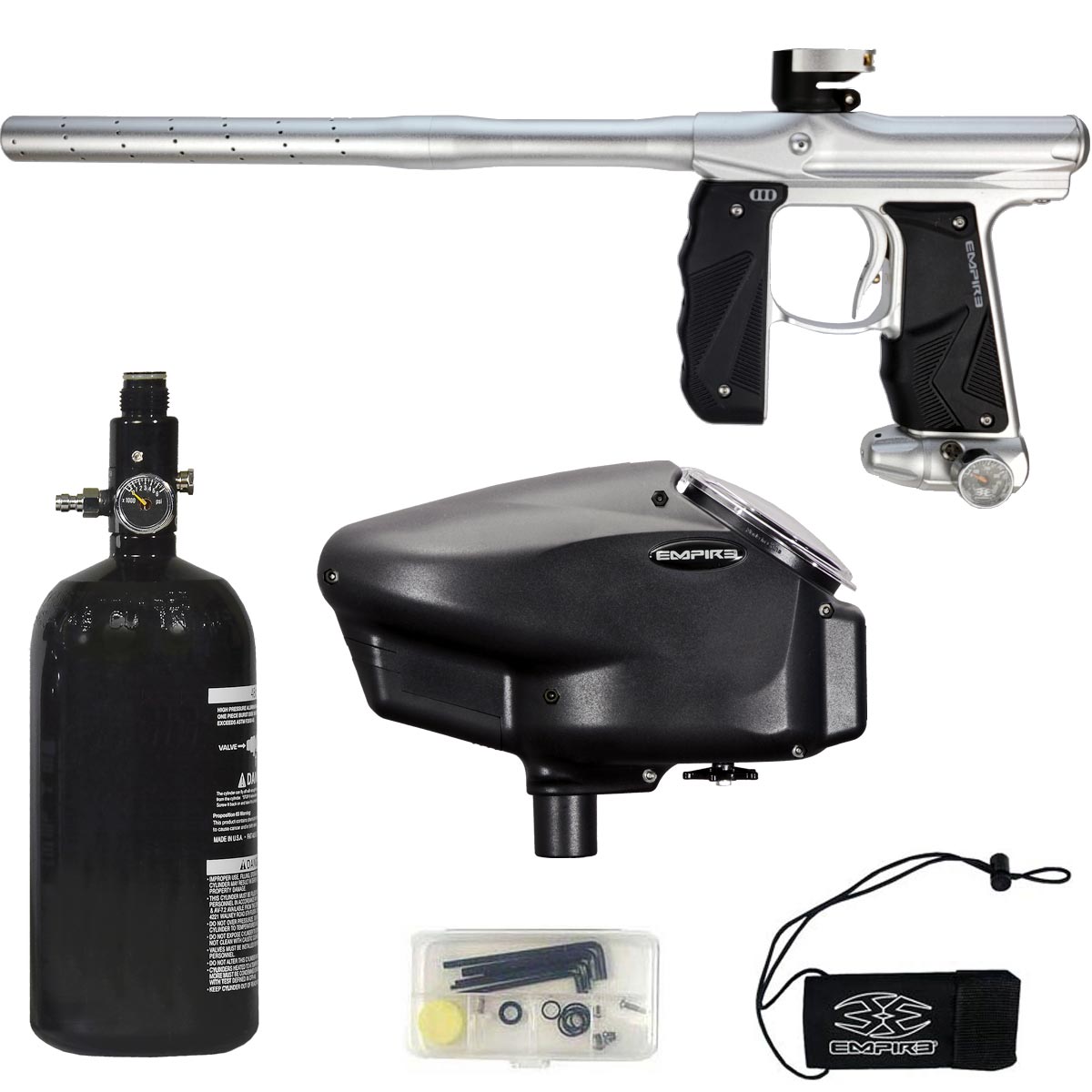 Empire Mini GS Paintball Marker Silver Dust w 2 PC Barrel Rookie Package