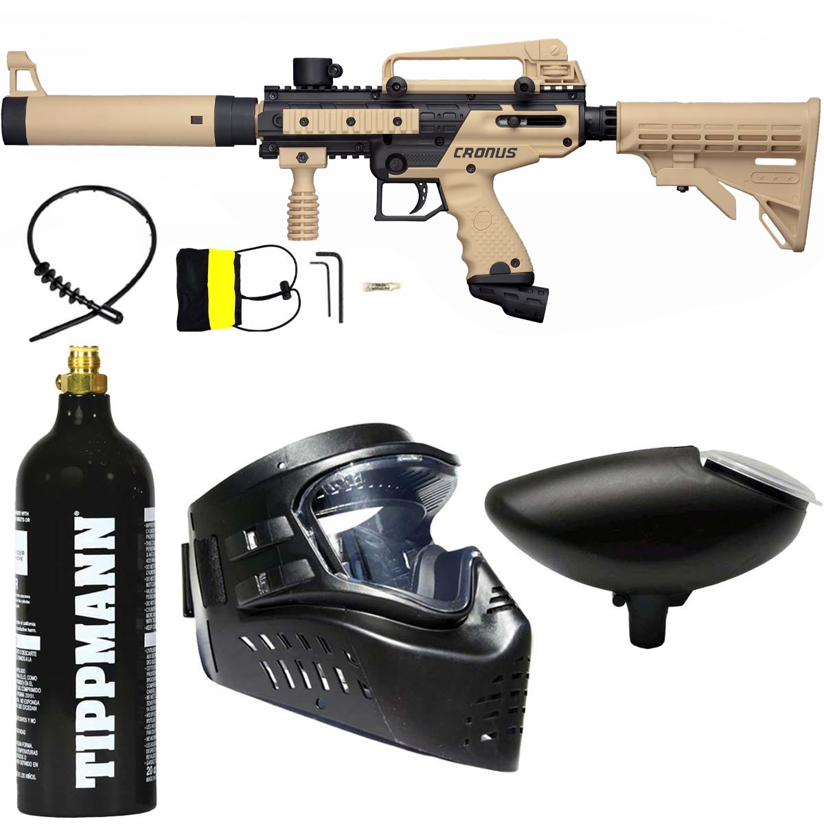 Tippmann Cronus Tactical Beginner Mechanical Paintball Marker Tan CO2 Package Kit with air tank, goggle and loader hopper