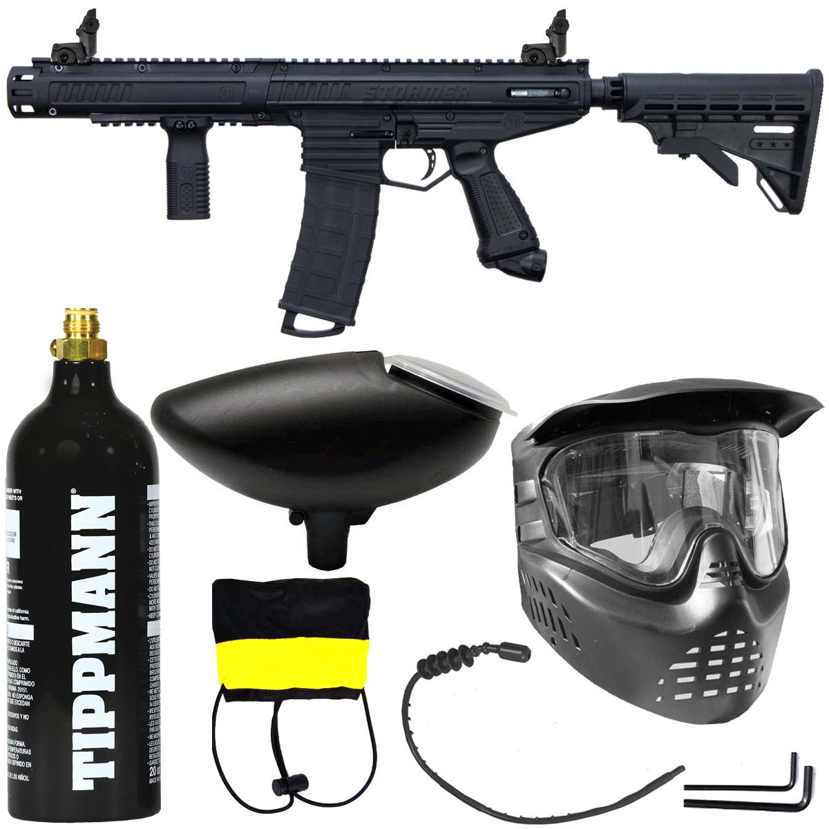 Tippmann Stormer Elite Dual Feed Paintball Marker Black CO2 Package with loader hopper goggle and tank