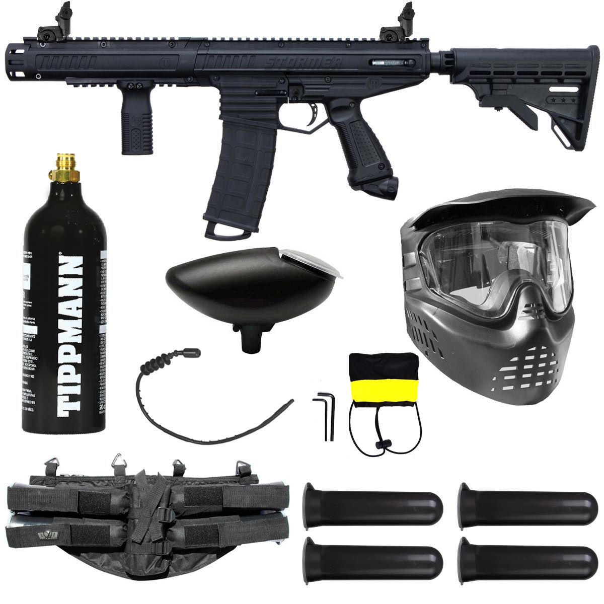 Tippmann Stormer Elite Dual Feed Paintball Marker Black with co2 tank, goggle, hopper, and accessories