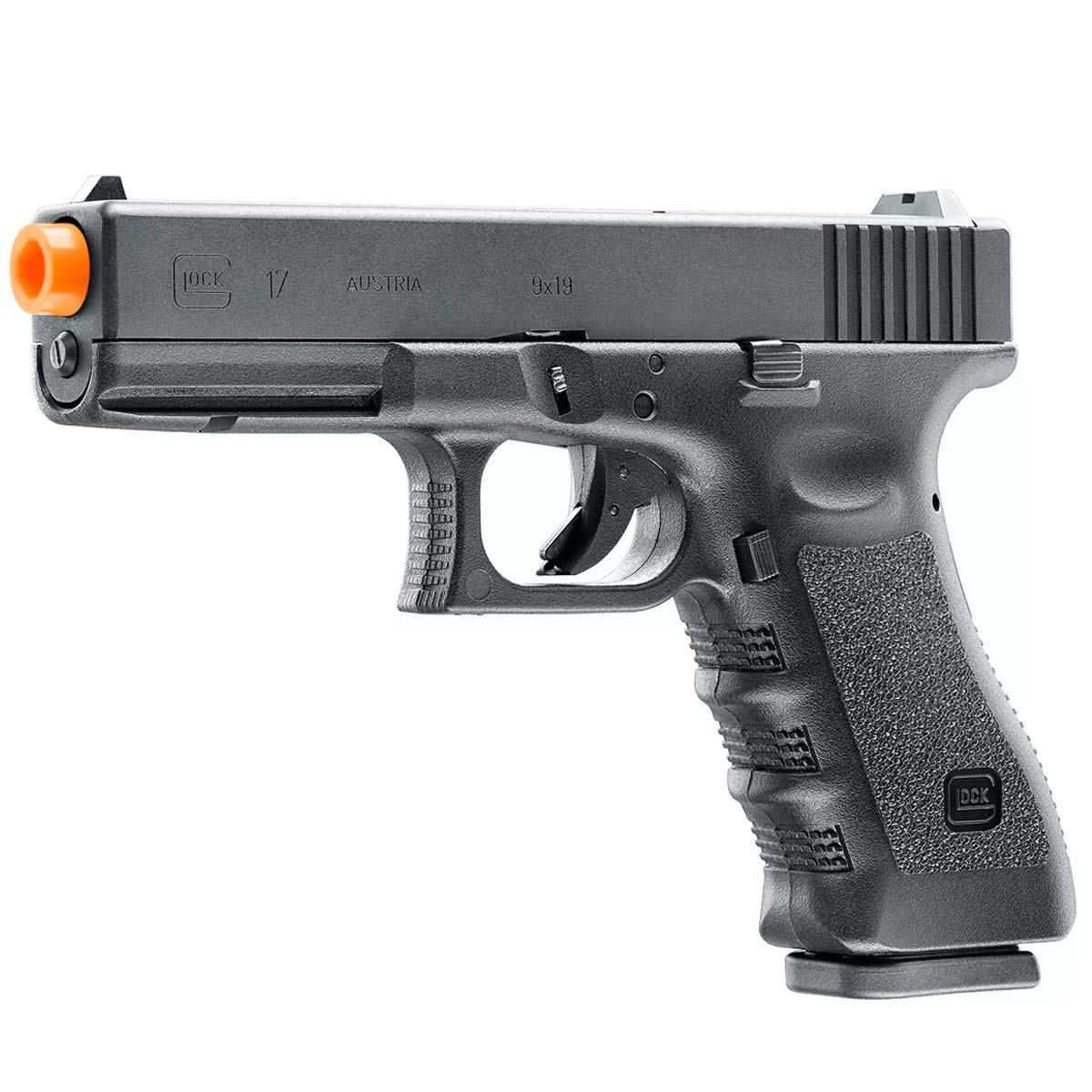 A black Glock G17 Gen 3 GBB gas blowback FBB full blow back Airsoft Pistol with an orange tip, shown at an angle against a solid white background.